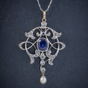 Antique Edwardian 3.25Ct Sapphire Diamond Pendant Necklace Platinum 18Ct Gold Circa 1905