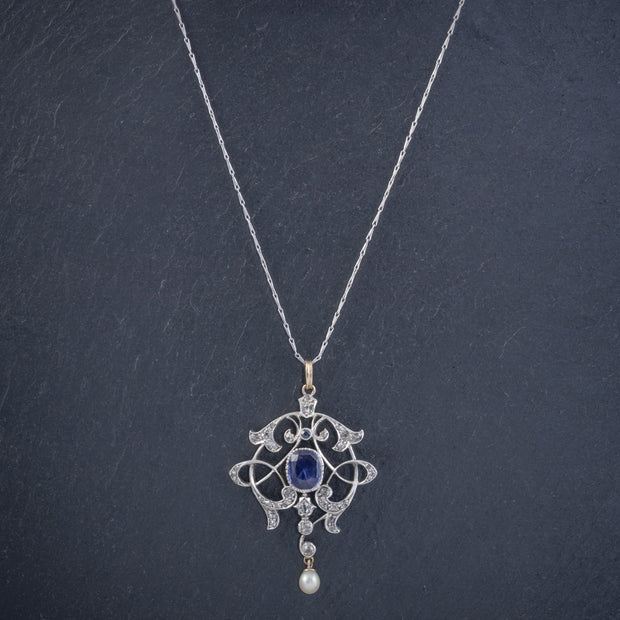 Antique Edwardian 3.25Ct Sapphire Diamond Pendant Necklace Platinum 18Ct Gold Circa 1905