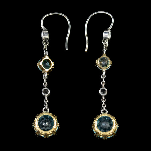 Antique Edwardian Blue Zircon Diamond Drop Earrings 18Ct Gold Circa 1910