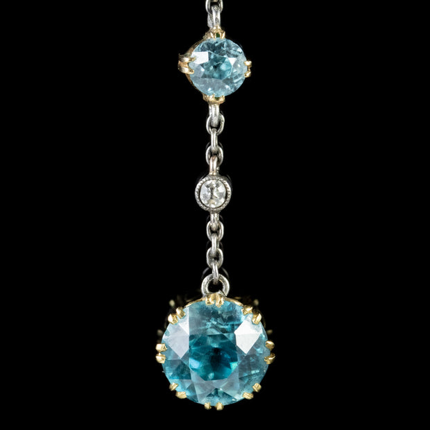 Antique Edwardian Blue Zircon Diamond Drop Earrings 18Ct Gold Circa 1910