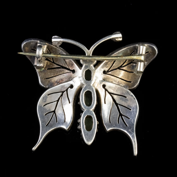 Antique Edwardian Cats Eye Pearl Butterfly Brooch Silver Circa 1910