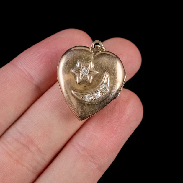 Antique Edwardian Diamond Heart Locket Crescent Star 18Ct Gold Dated 1909