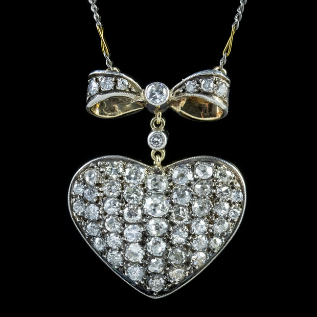 Antique Edwardian Diamond Heart Pendant Necklace 3Ct Old Cut Diamonds Circa 1910