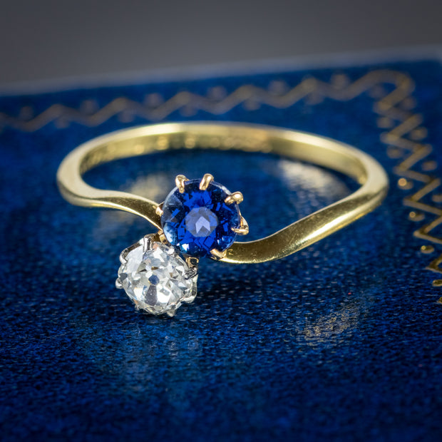 Antique Edwardian Diamond Sapphire Twist Ring 18Ct Gold Circa 1910