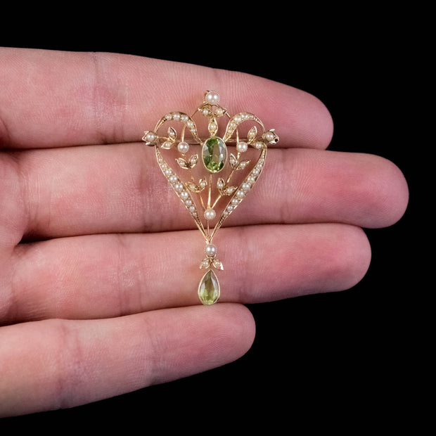 Antique Edwardian Floral Peridot Pearl Pendant 15Ct Gold Circa 1905