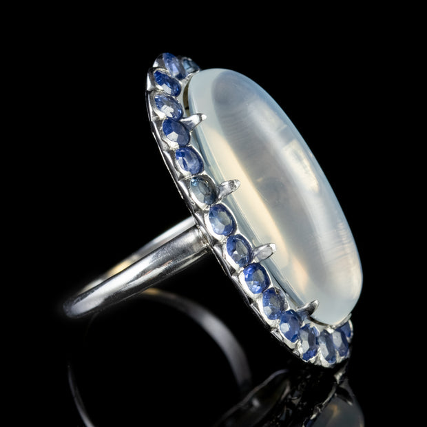 Antique Edwardian Moonstone Sapphire Ring 18Ct White Gold Silver Circa 1915