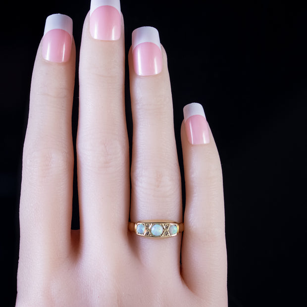 Antique Edwardian Opal Diamond Ring 18Ct Gold Dated 1901