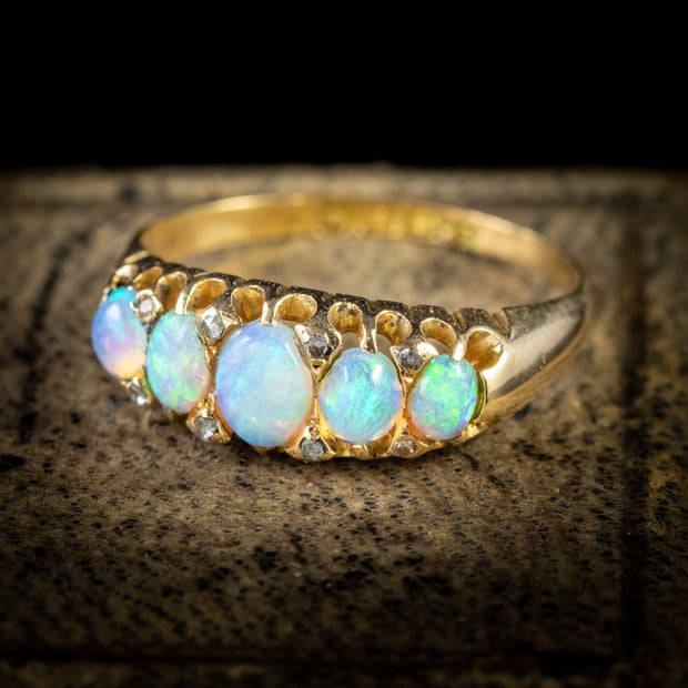 Antique Edwardian Opal Diamond Ring 18Ct Gold Dated 1903