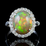 Antique Edwardian Opal Diamond Ring Platinum 6Ct Natural Opal Circa 1910
