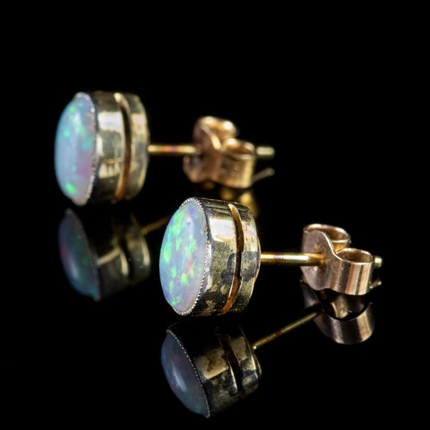 Antique Edwardian Opal Stud Earrings 9Ct Gold Circa 1910