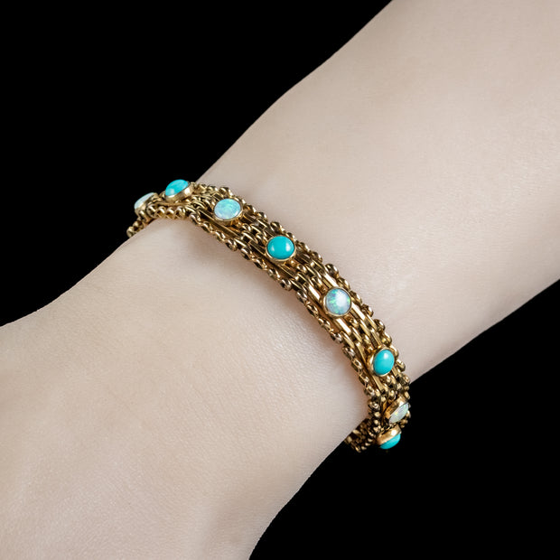 Antique Edwardian Opal Turquoise Gate Bracelet 9ct Gold Walker And Hall Circa 1901