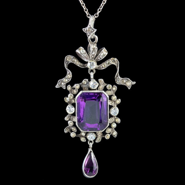 Antique Edwardian Paste Amethyst Pendant Necklace Silver Boxed Harvey And Gore Circa 1905