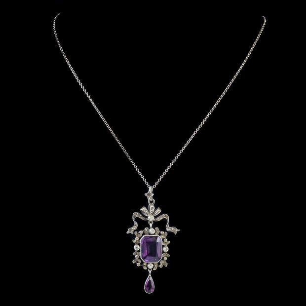 Antique Edwardian Paste Amethyst Pendant Necklace Silver Boxed Harvey And Gore Circa 1905