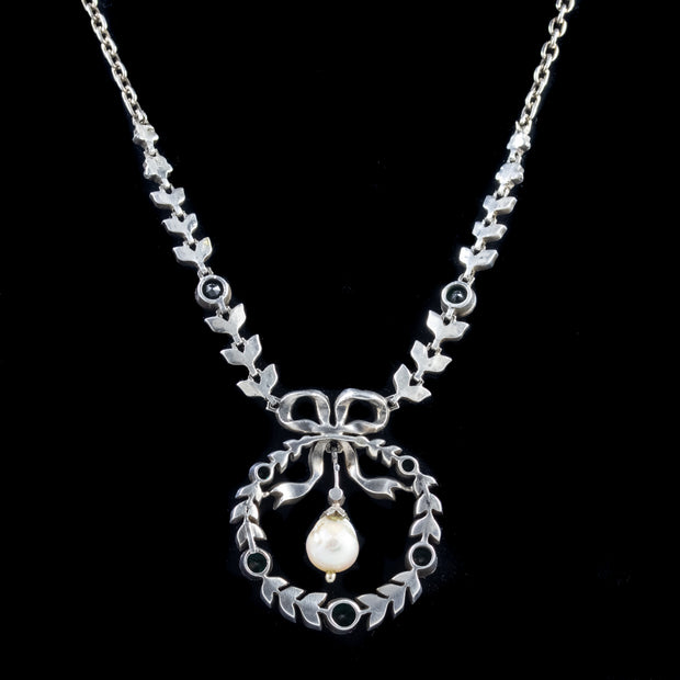 Antique Edwardian Paste Pearl Lavaliere Wreath Necklace Silver