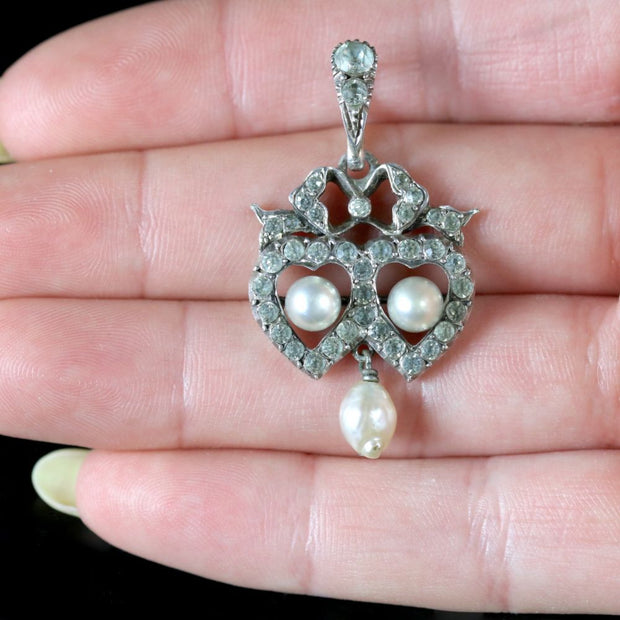 Antique Edwardian Paste Stone Pearl Pendant Silver Circa 1910