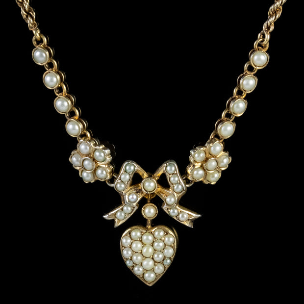 Antique Edwardian Pearl Heart Necklace Silver 15Ct Gold Circa 1910
