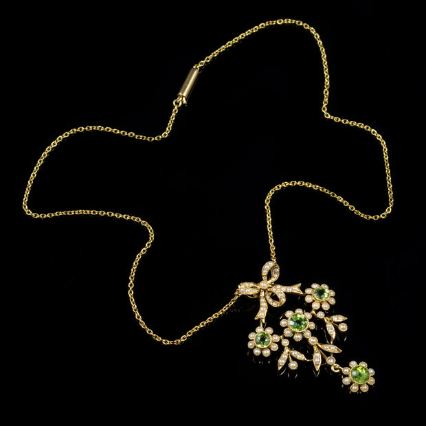 Antique Edwardian Pearl Peridot Pendant Necklace 18Ct Gold Circa 1910