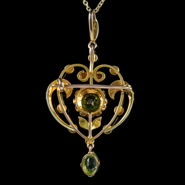 Antique Edwardian Peridot Pearl Pendant Necklace 9Ct Gold Circa 1910 Boxed
