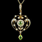 Antique Edwardian Peridot Pearl Pendant Necklace 9Ct Gold Circa 1910 Boxed