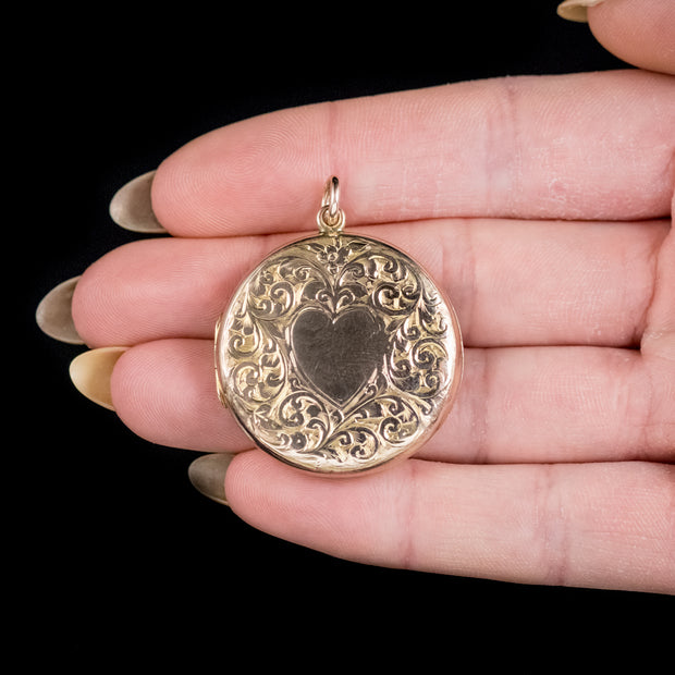 Antique Edwardian Round 9Ct Gold Heart Locket Dated 1908