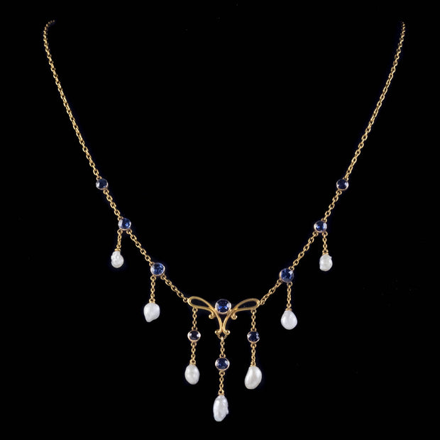 Antique Edwardian Sapphire Natural Pearl Lavaliere Necklace 15Ct Gold Circa 1915
