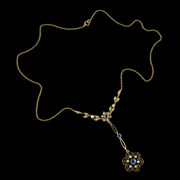 Antique Edwardian Sapphire Pearl Lavaliere Necklace 15ct Gold Boxed Edward And Sons Circa 1915