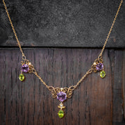 Antique Edwardian Suffragette Amethyst Peridot Necklace 9Ct Gold Circa 1910