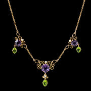 Antique Edwardian Suffragette Amethyst Peridot Necklace 9Ct Gold Circa 1910