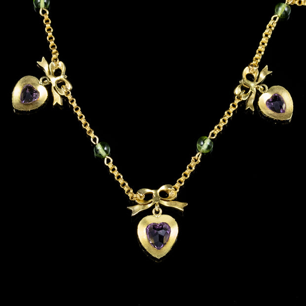 Antique Edwardian Suffragette Necklace Amethyst Heart Droppers 18Ct Gold Circa 1910