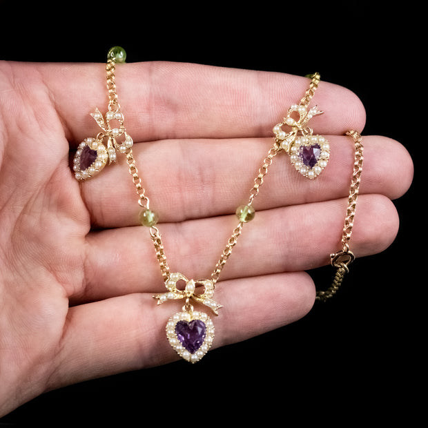 Antique Edwardian Suffragette Necklace Amethyst Heart Droppers 18Ct Gold Circa 1910