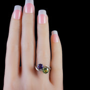 Vintage Suffragette Amethyst Peridot Ring 18Ct White Gold Dated 1976