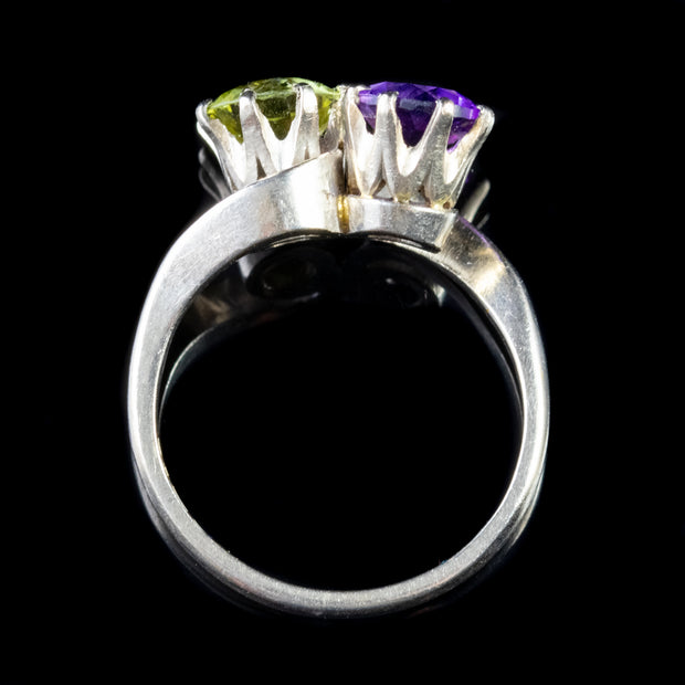 Vintage Suffragette Amethyst Peridot Ring 18Ct White Gold Dated 1976