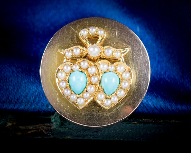 Antique Edwardian Turquoise Pearl Double Heart Brooch Locket 18Ct Gold Circa 1910