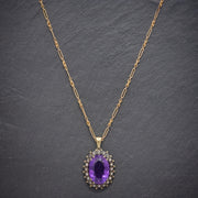 Antique French 20Ct Amethyst Diamond Pendant Necklace 18Ct Gold Silver Circa 1900