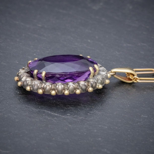 Antique French 20Ct Amethyst Diamond Pendant Necklace 18Ct Gold Silver Circa 1900