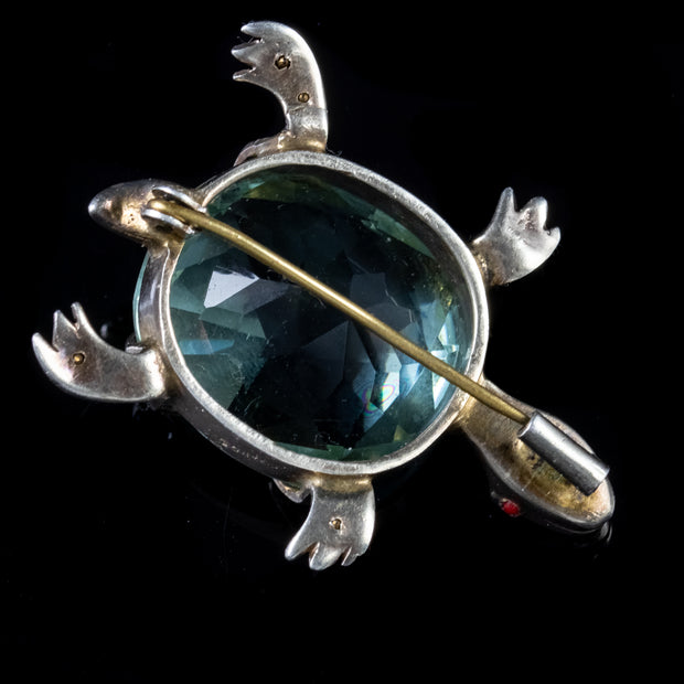 Antique French 23Ct Blue Tourmaline Paste Turtle Brooch Silver Circa 1900