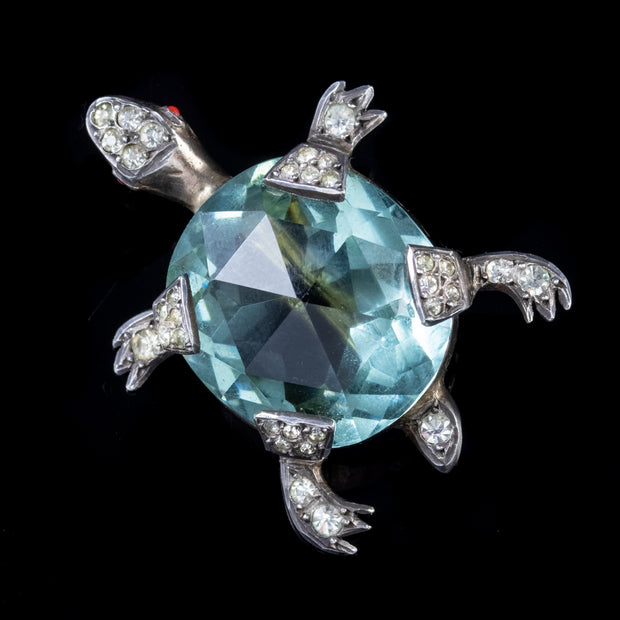 Antique French 23Ct Blue Tourmaline Paste Turtle Brooch Silver Circa 1900