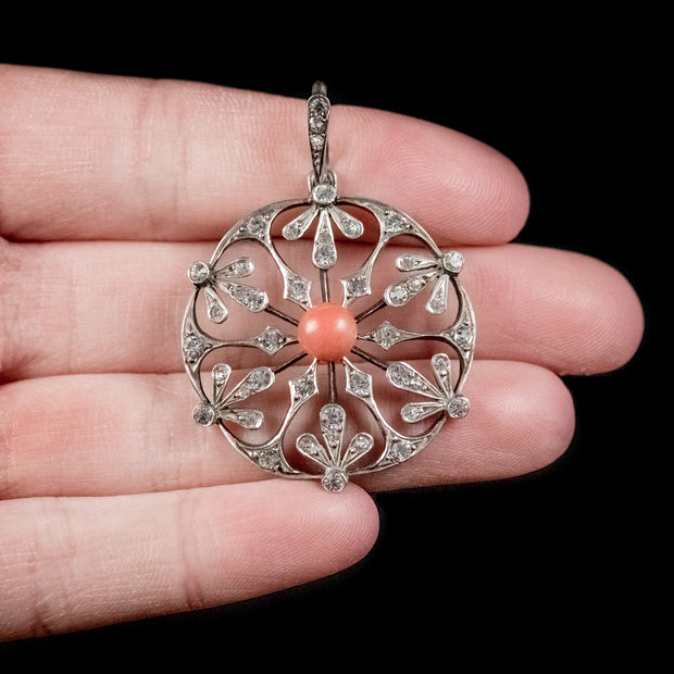 Antique French Art Nouveau Coral Snowflake Pendant Silver Circa 1900
