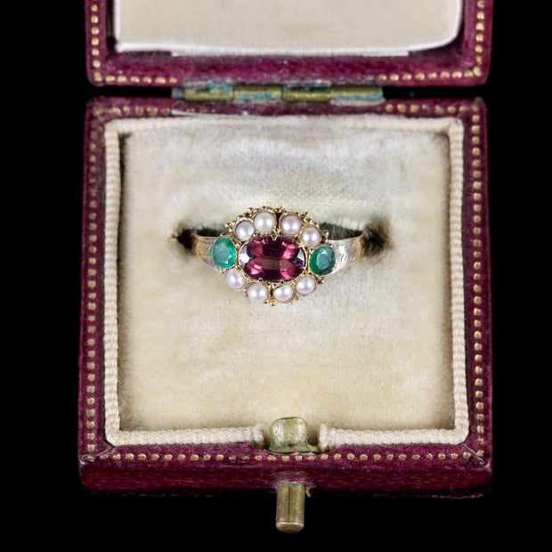 Antique Georgian Almandine Garnet Emerald Pearl Ring 18Ct Gold Circa 1800