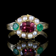 Antique Georgian Almandine Garnet Emerald Pearl Ring 18Ct Gold Circa 1800