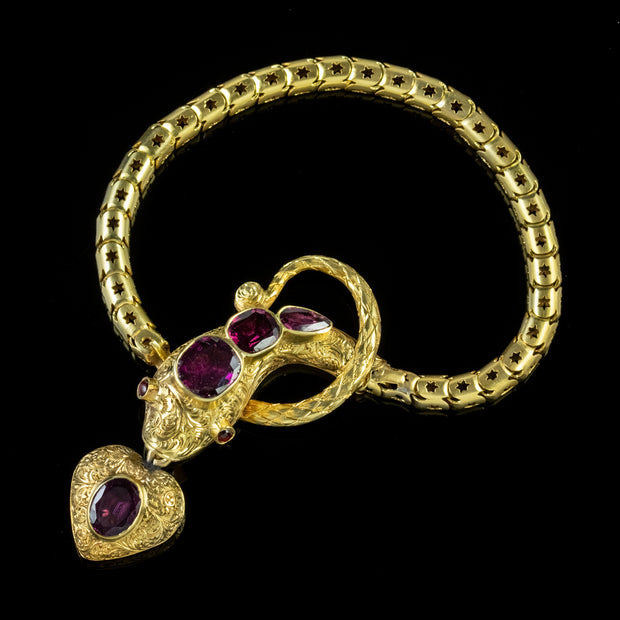 Antique Georgian Almandine Garnet Snake Bracelet 18Ct Gold Heart Locket Circa 1820
