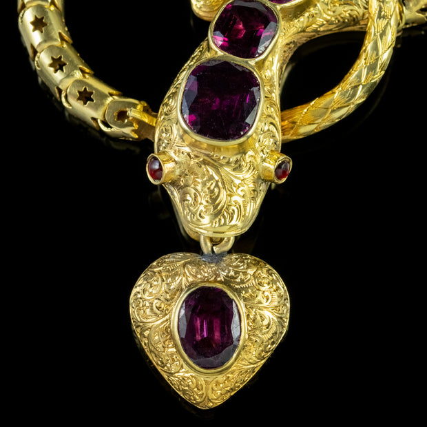 Antique Georgian Almandine Garnet Snake Bracelet 18Ct Gold Heart Locket Circa 1820