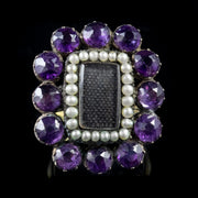 Antique Georgian Amethyst Pearl Mourning Ring Sterling Silver 18Ct Gold Gilt Circa 1800