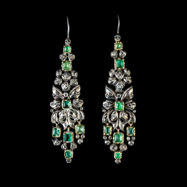 Antique Georgian Emerald Diamond Earrings Silver 18Ct Gold Circa 1800