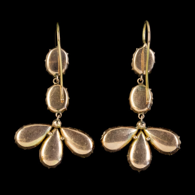 Antique Georgian Flat Cut Garnet Drop Earrings 18Ct Gold