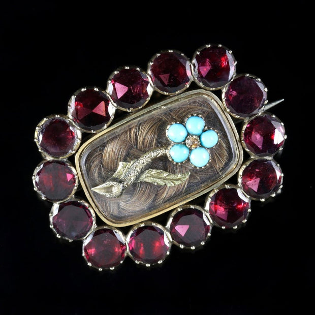 Antique Georgian Flat Cut Garnet Forget Me Not Turquoise Mourning Gold Brooch Circa 1790