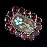 Antique Georgian Flat Cut Garnet Forget Me Not Turquoise Mourning Gold Brooch Circa 1790