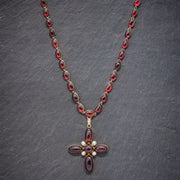 Antique French Garnet Pearl Cross Pendant Necklace 18Ct Gold Circa 1850