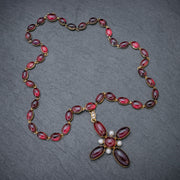 Antique French Garnet Pearl Cross Pendant Necklace 18Ct Gold Circa 1850