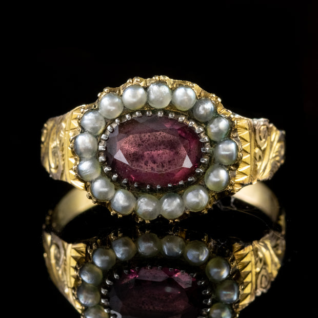 Antique Georgian Garnet Pearl Ring 18Ct Yellow Gold Circa 1800